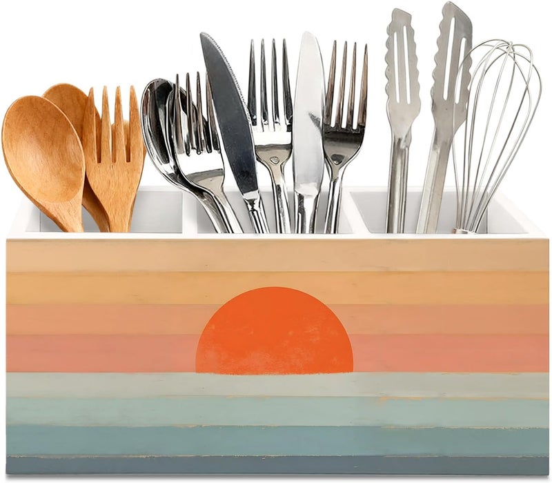 KBRCT 70s Retro Boho Sun Wooden Utensils Holder, Mid Century Modern Sunset Sunrise Wood Cooking Utensil Holder Organizer for Kitchen Countertop Counter Decor Accessories - Image 1
